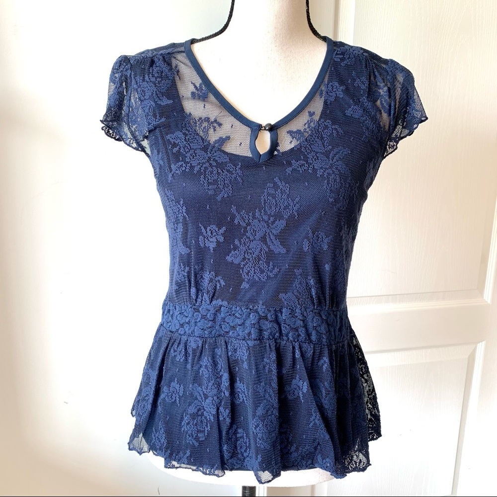 MERONA Navy Lace Overlay Peplum Blouse—SZ. Med